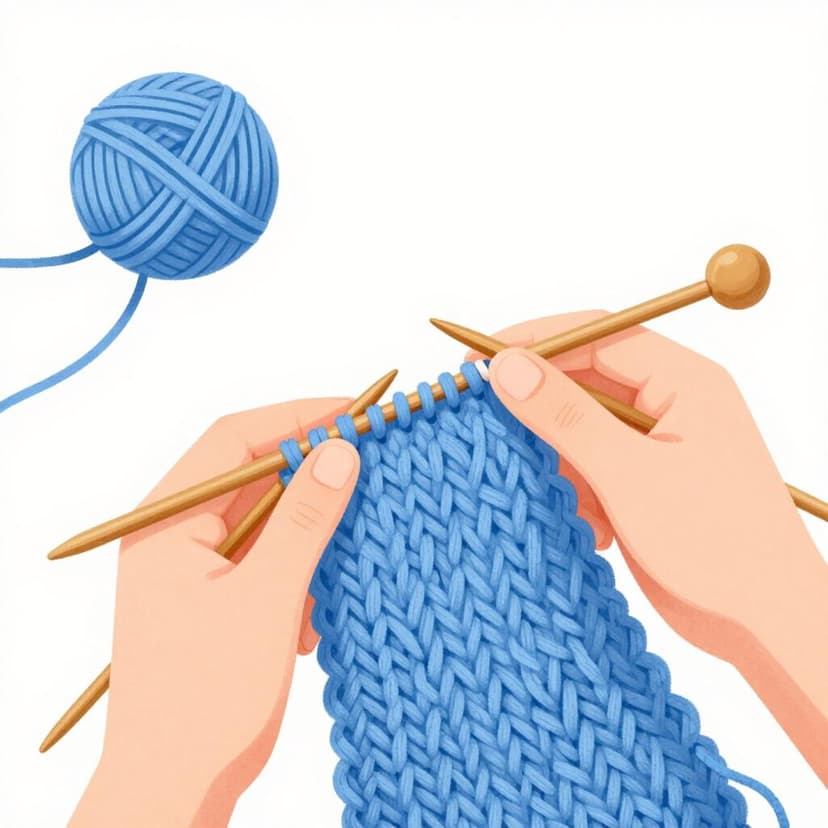 A close-up illustration of two wooden needles knitting soft blue yarn into a small scarf.