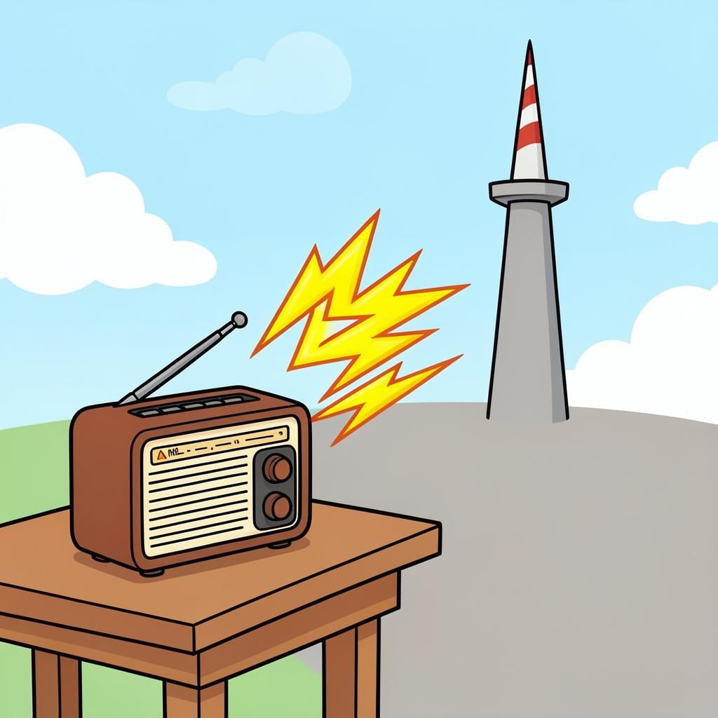 A radio tower with jagged, colorful lightning bolts blocking the invisible waves reaching a small radio.