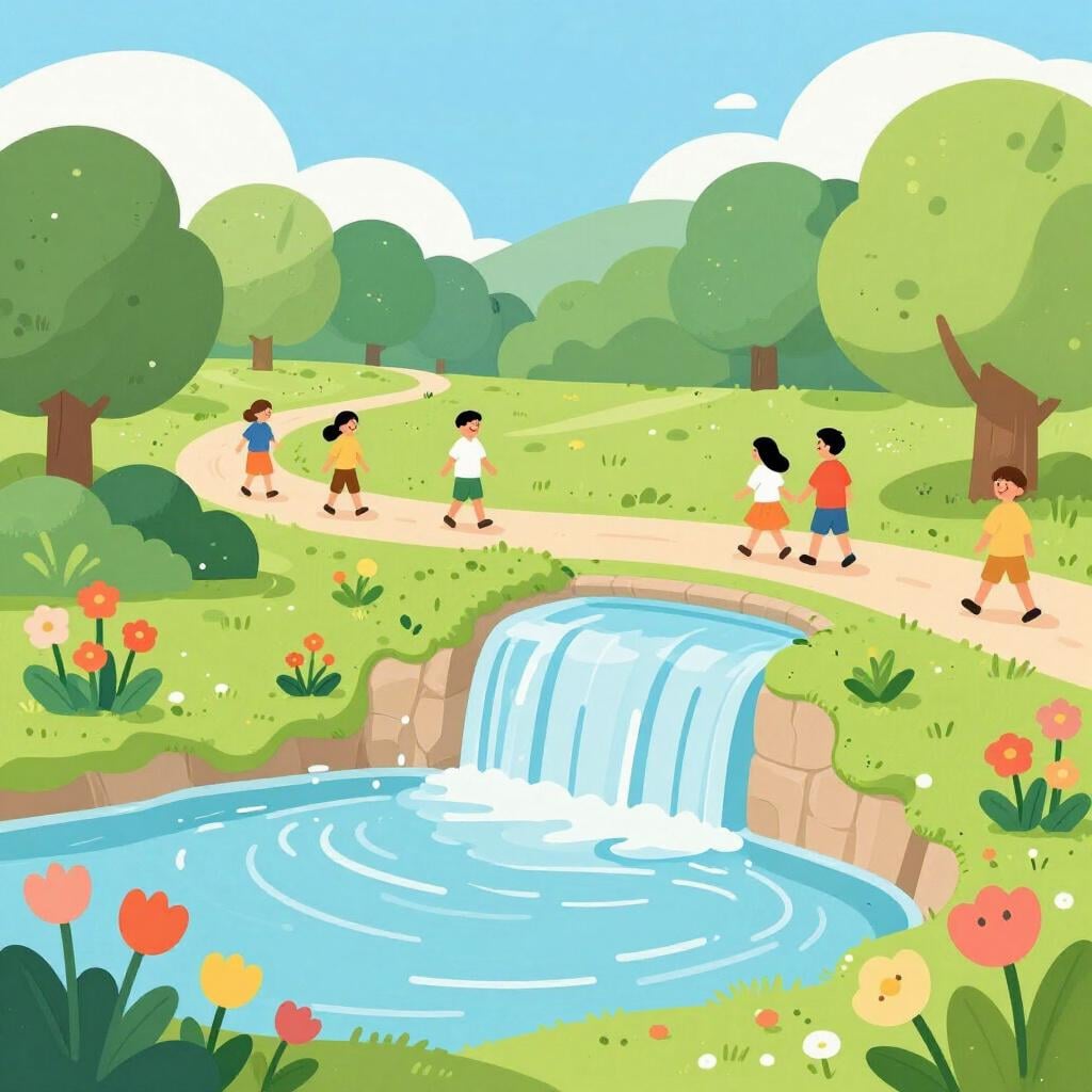 A lush, peaceful landscape where people are living in harmony with nature in a beautiful, colorful garden city.