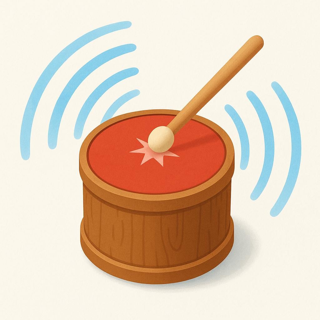 A simple illustration of a drum being played. A drumstick hits the center, and three clear, repeating, wavy blue sound lines move away from the drum, representing the musical rhythm.