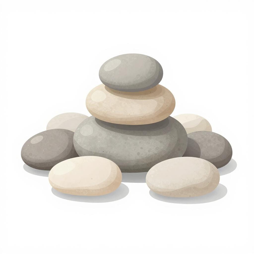 Una collezione di pietre lisce nei toni del beige, grigio e crema.