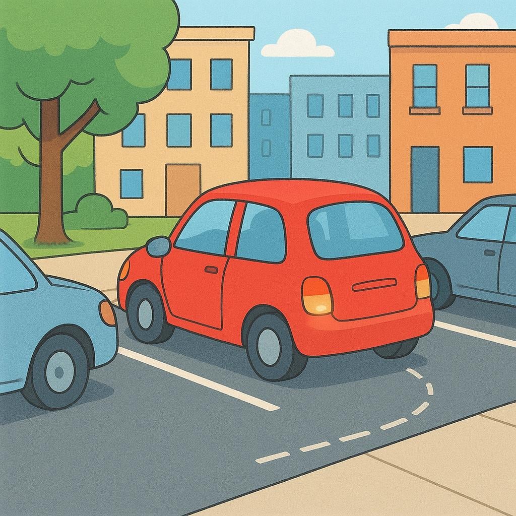 A small red car carefully maneuvering and backing into a tight parallel parking space between two other vehicles on a city street.
