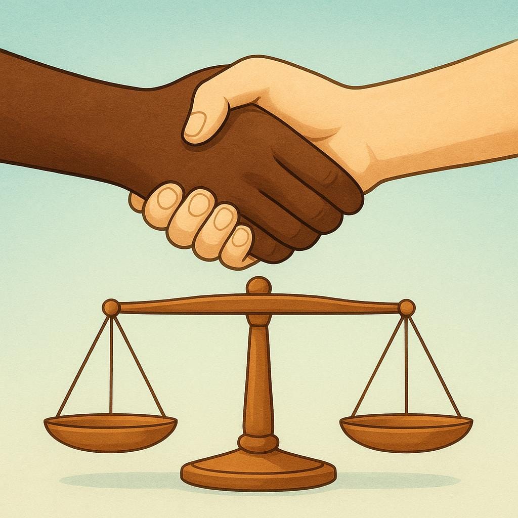 Zwei Hände schütteln sich fest über einer kleinen, perfekt ausbalancierten Holzwaage, was die vereinbarten Bedingungen oder Bestimmungen einer Vereinbarung symbolisiert.