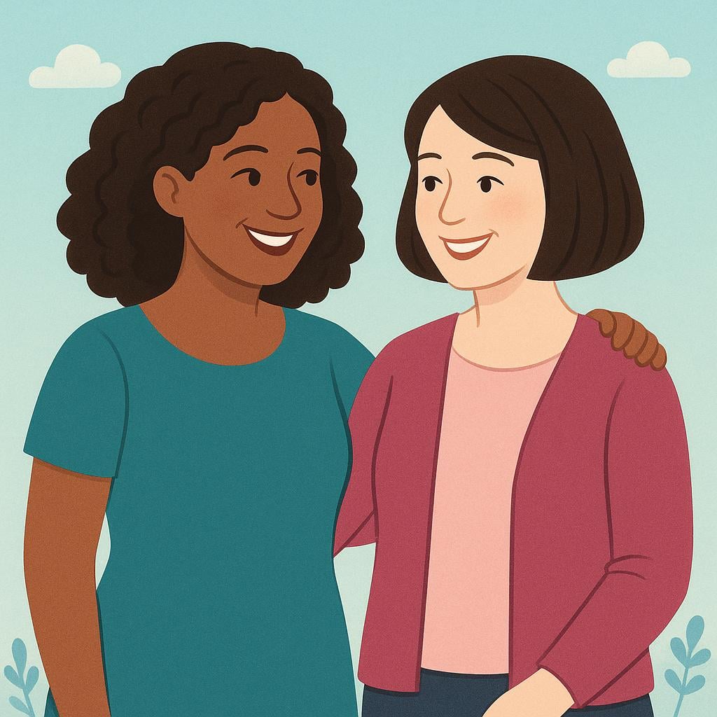 Two smiling adult women standing side-by-side, dressed in colorful clothing, representing wives.