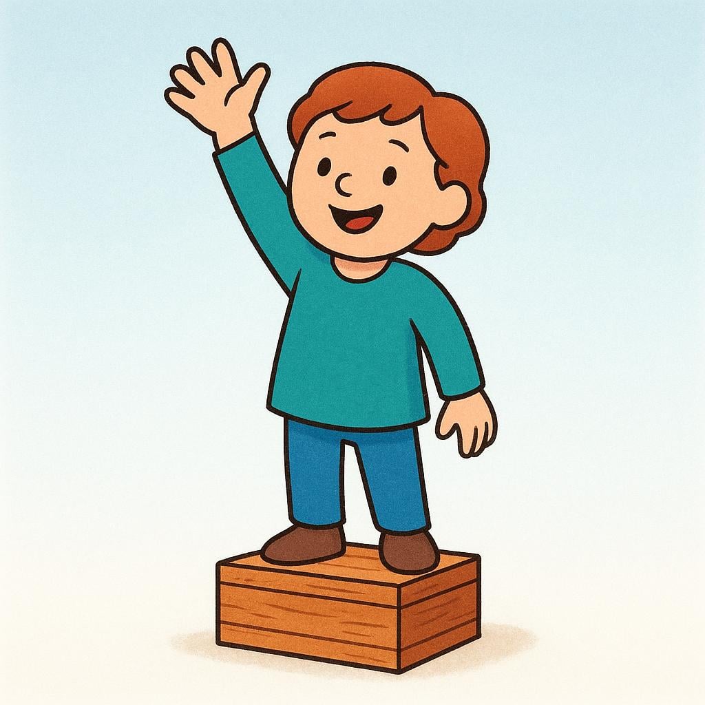 A cheerful person standing on a box, raising a fist enthusiastically to show strong support for a cause.