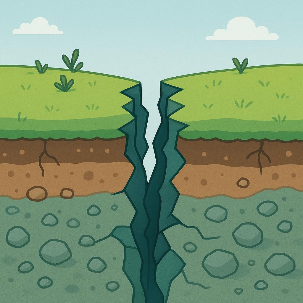 A geological illustration showing a visible break in the earth's crust, representing a fault line.