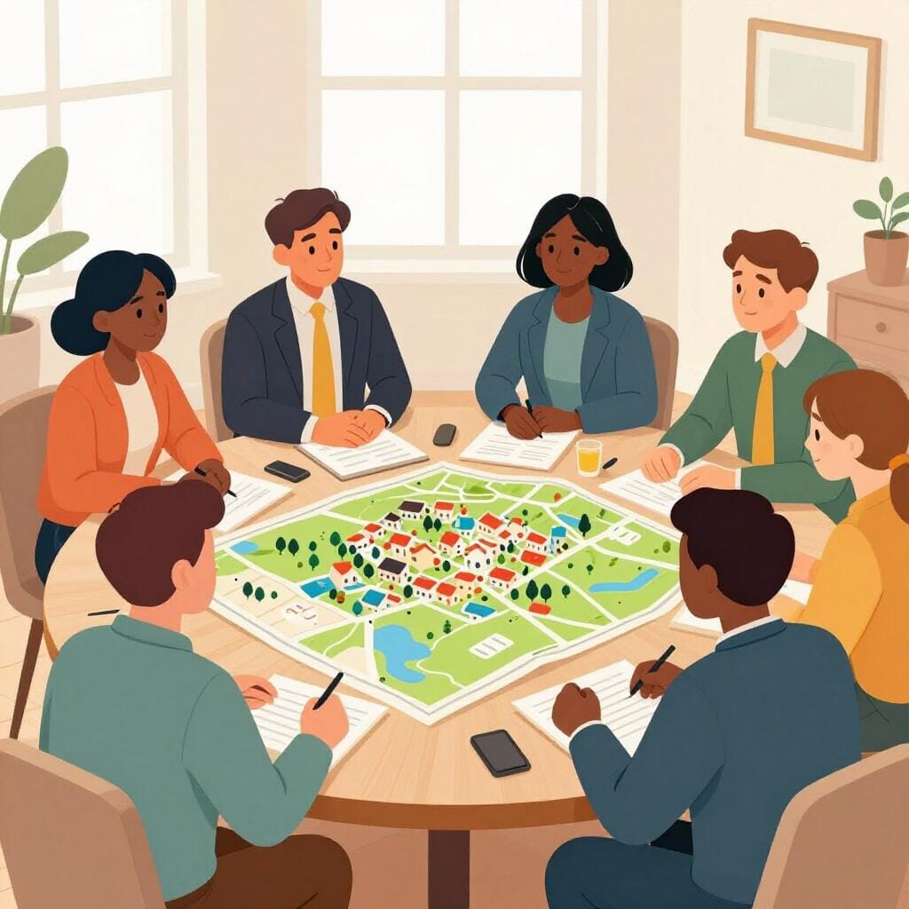 A group of community members sitting around a large wooden table in a formal hall, discussing local matters.