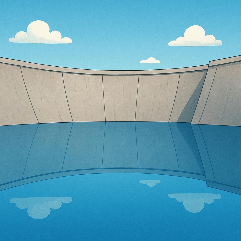 A large, calm body of blue water contained by a massive, gray concrete dam wall.