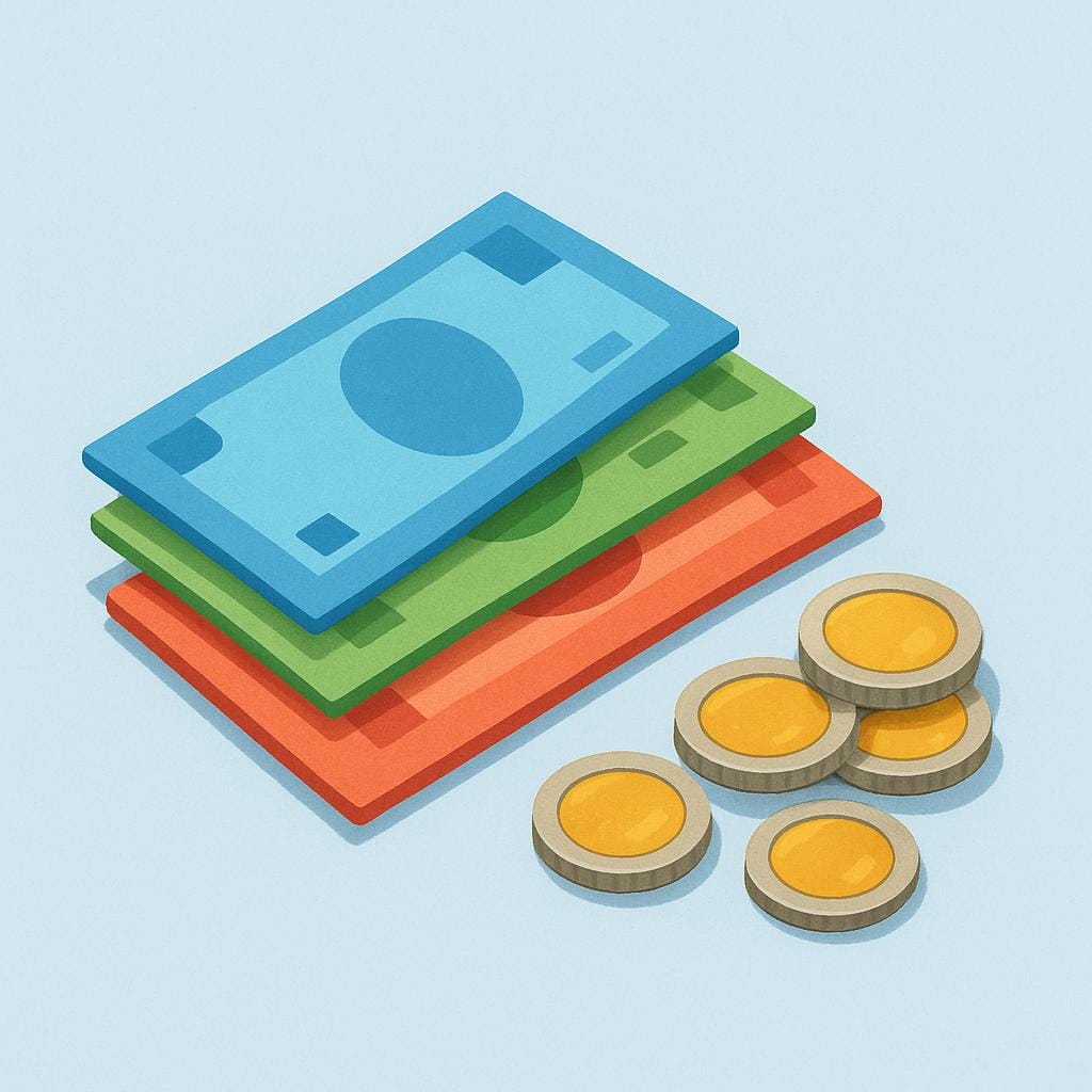 A small stack of colorful European euro banknotes lying flat next to a small pile of two-toned euro coins.