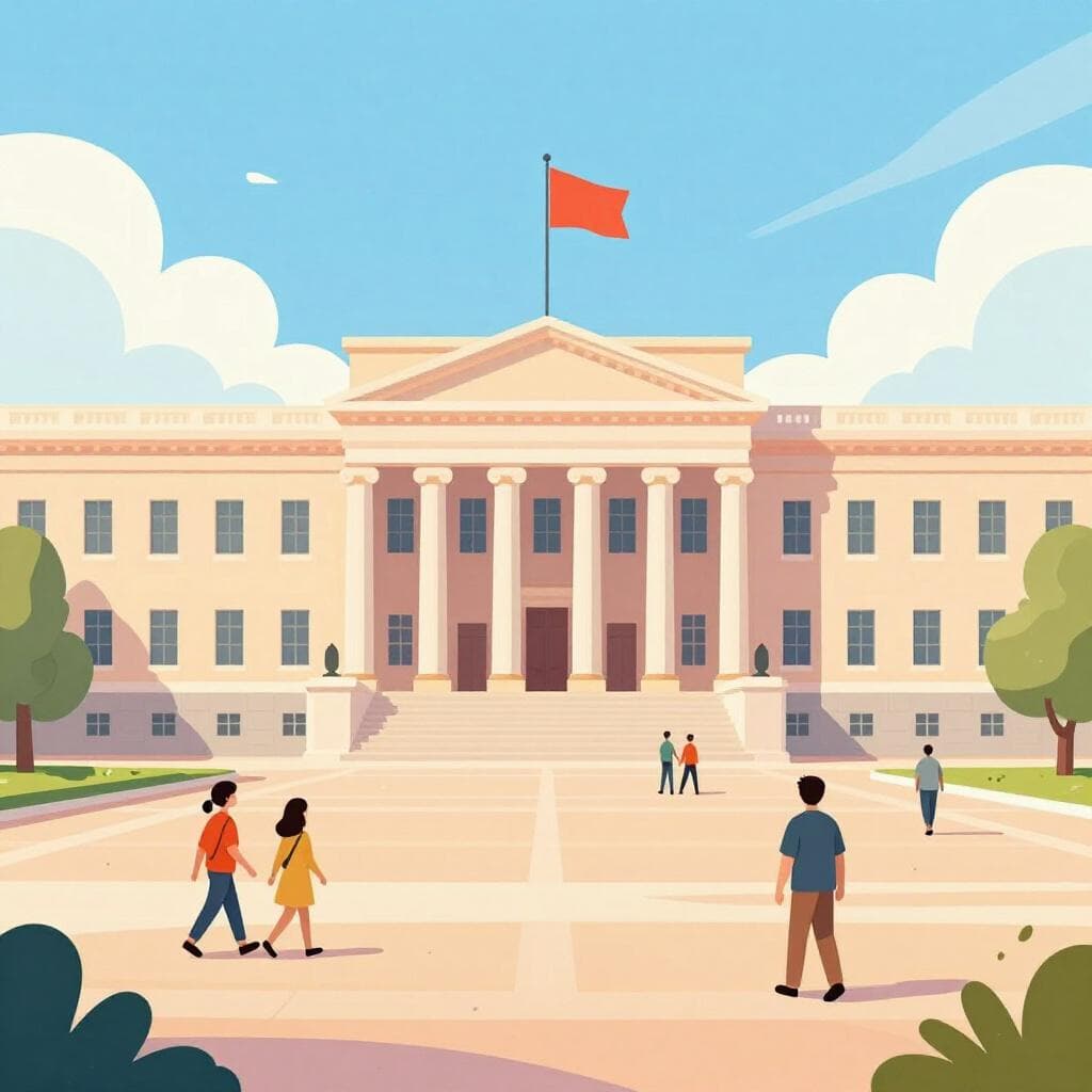 Een openbaar plein met een statig overheidsgebouw en een vlag, wat een republikeins systeem voorstelt.