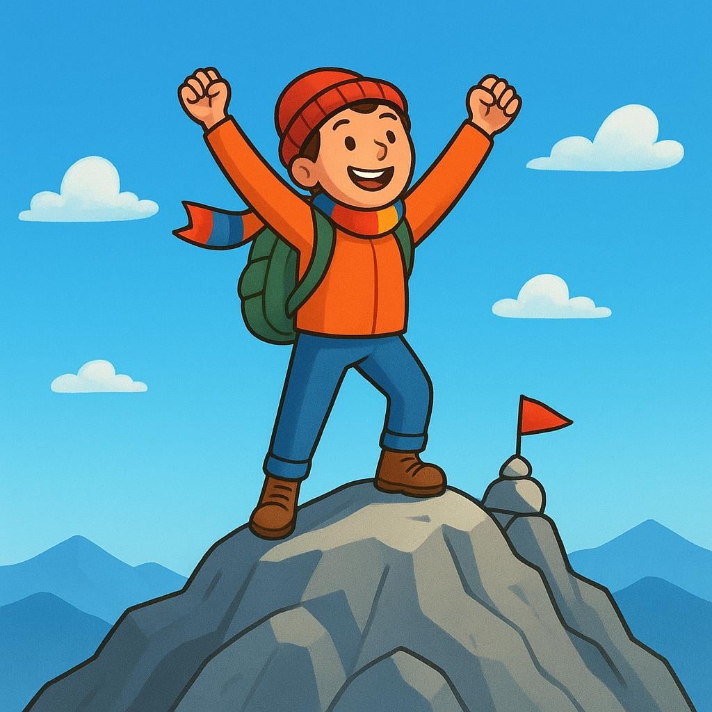 A hiker standing on top of a mountain peak, looking out over the landscape.