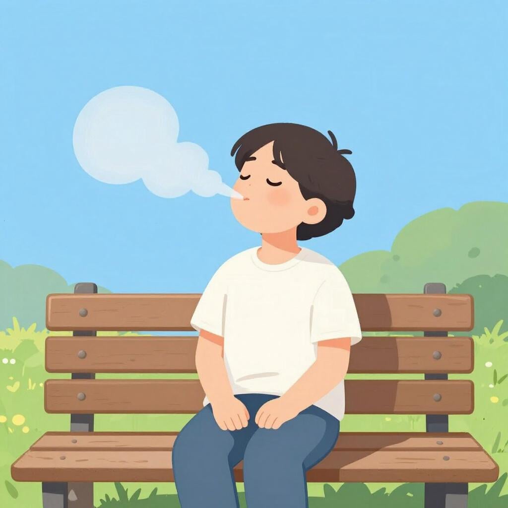 A person sitting on a park bench with shoulders slumped, exhaling a visible puff of air while looking tired but peaceful.