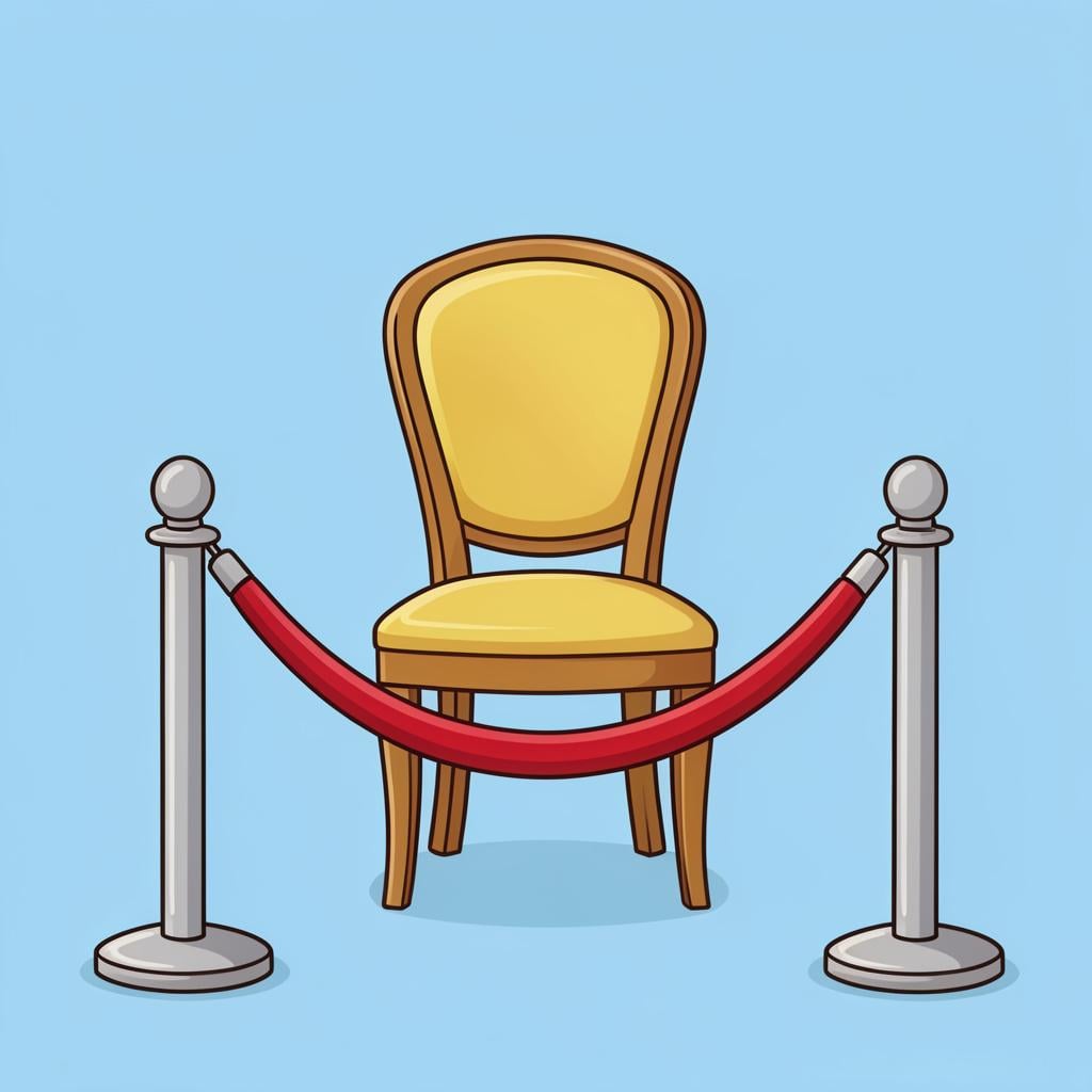 A colorful storybook illustration of a velvet rope barrier leading to a single golden chair.