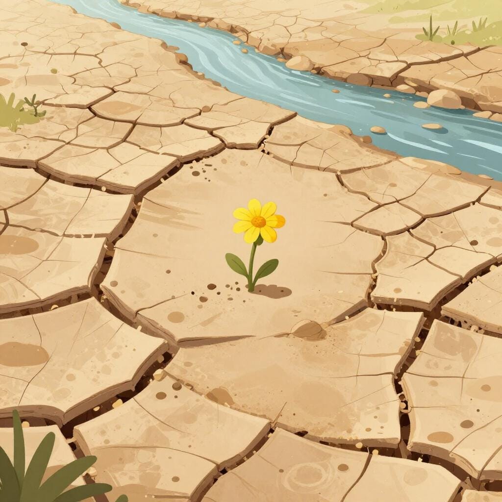 A cracked, dry riverbed with a single wilted yellow flower.