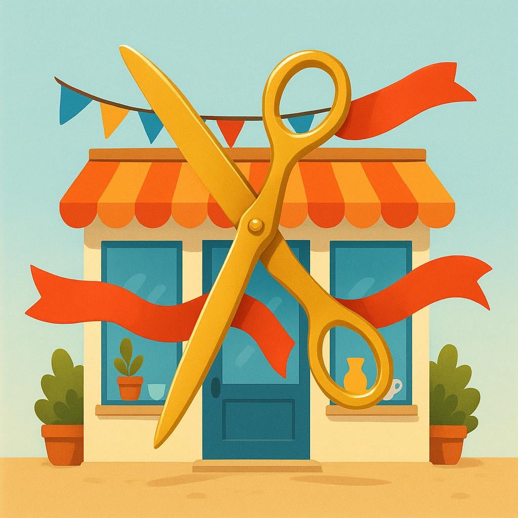 A pair of scissors cuts a grand red ribbon stretched across the entrance of a new, small shop, symbolizing the start of a business.