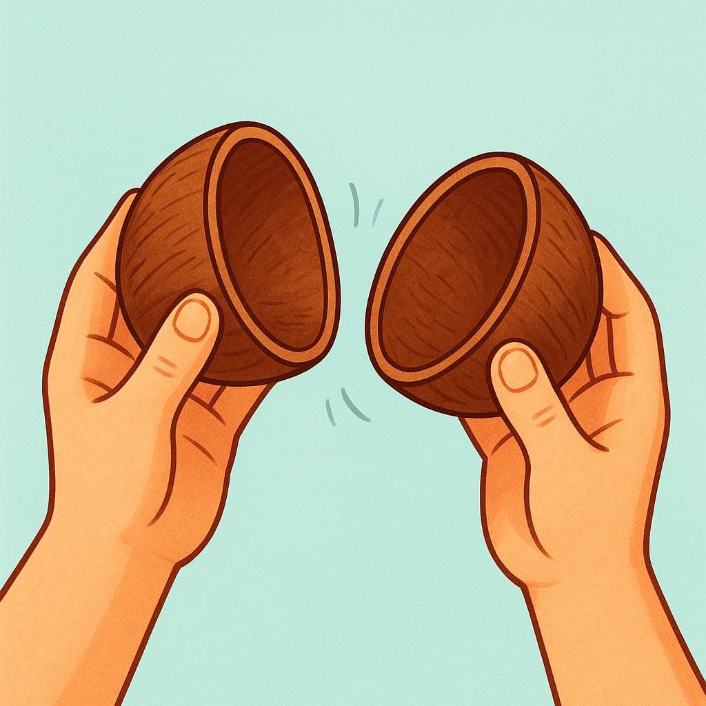 A pair of hands holding two halves of a coconut shell, clacking them together to create a sound.