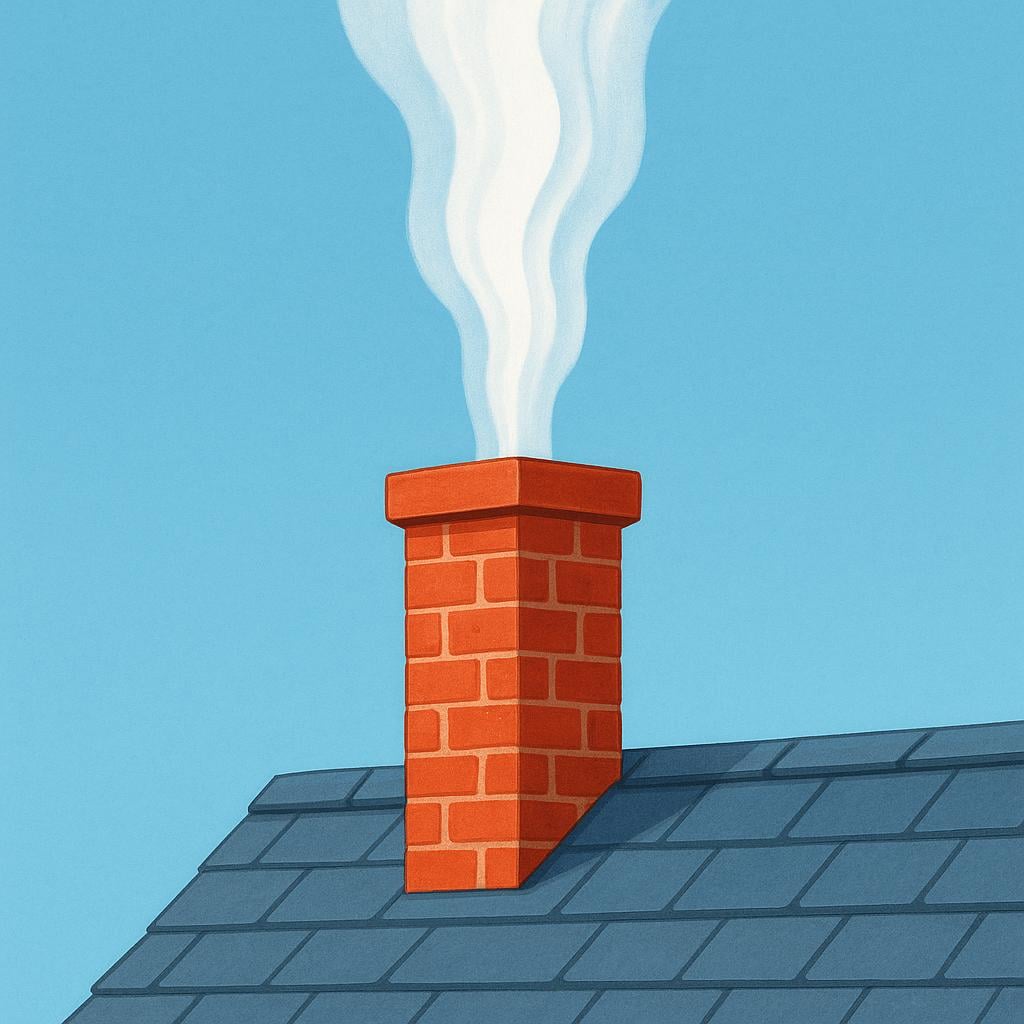 A simple brick chimney on a roof, with smoke rapidly rising straight up into the sky, illustrating a strong draft.