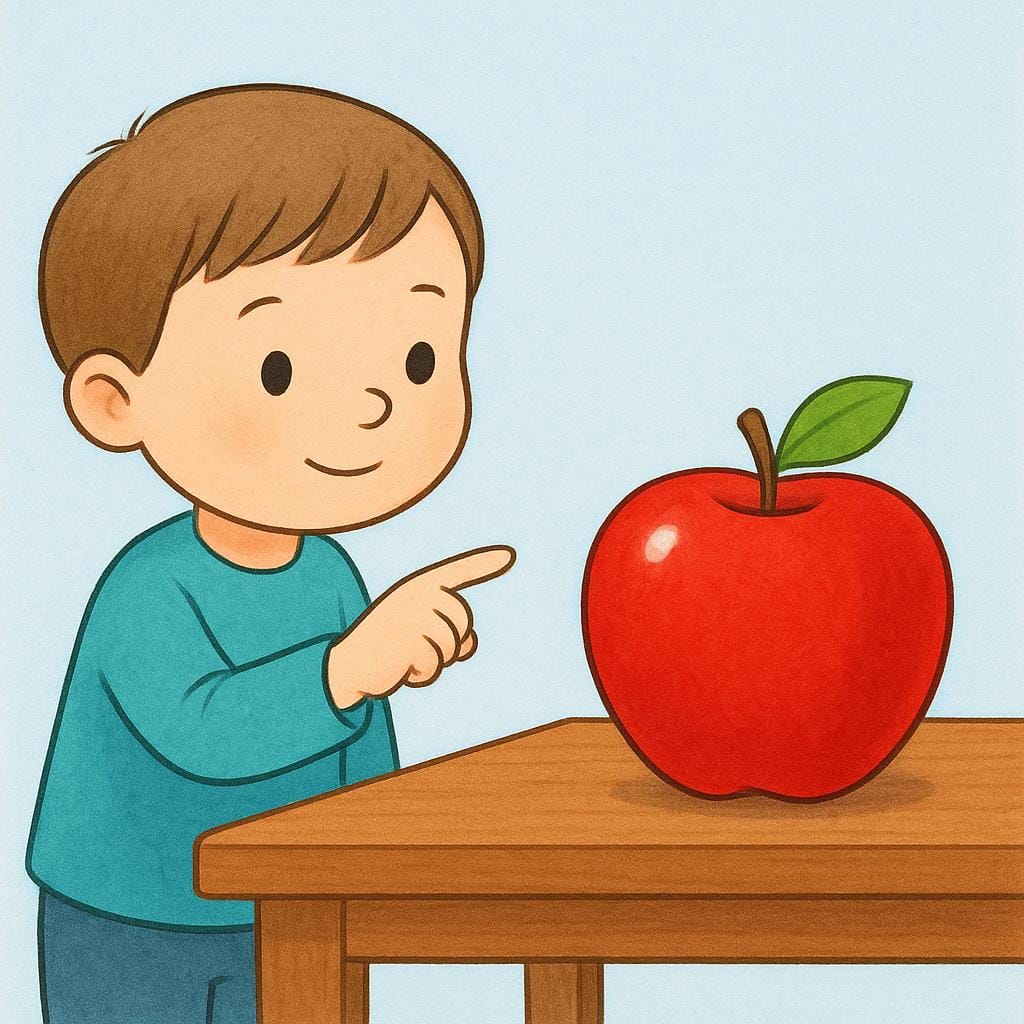 A person pointing their index finger clearly at a large, brightly colored red apple sitting on a simple surface, illustrating the act of referring to something.