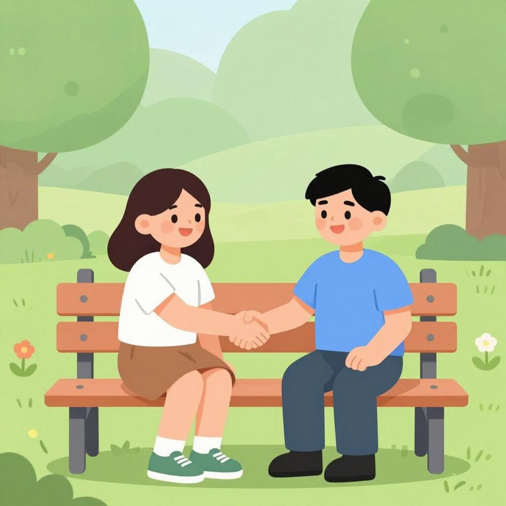 Due persone sedute su una panchina del parco che sorridono e si stringono la mano calorosamente.