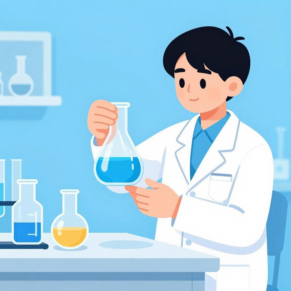 Un scientifique en blouse de laboratoire versant soigneusement du liquide bleu dans un flacon rempli de liquide jaune, créant une réaction colorée.