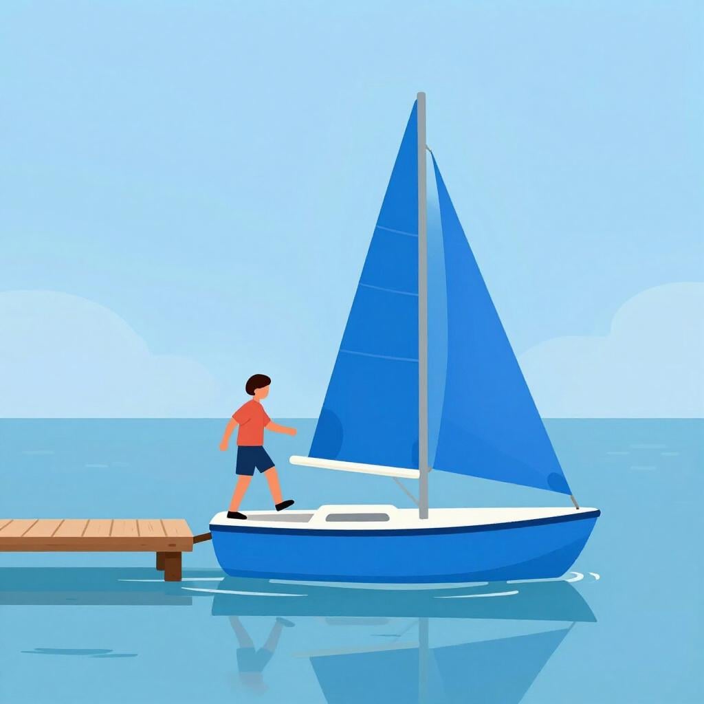 A person stepping from a wooden dock onto a small, bright blue sailboat.