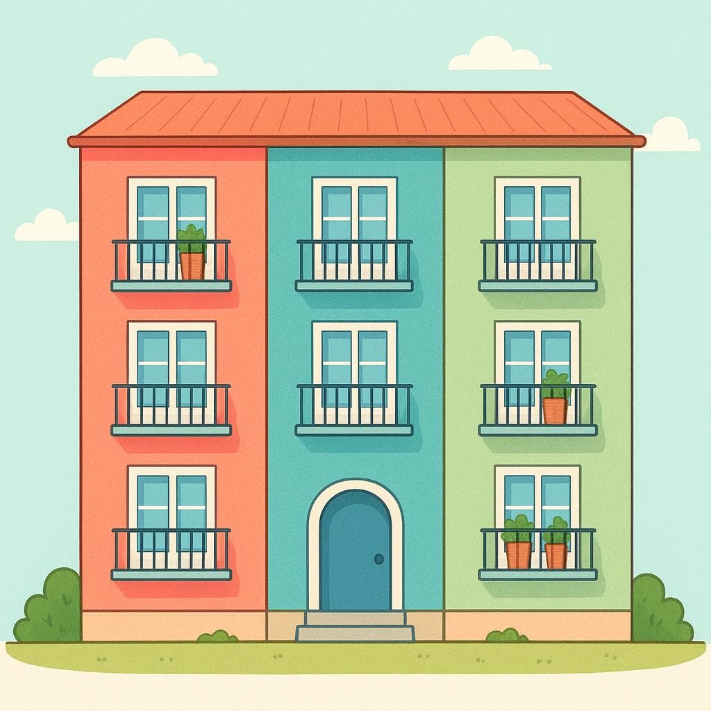 A colorful, three-story residential apartment building with several identical windows and small balconies.