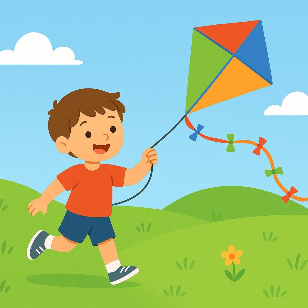 A colorful illustration showing a child smiling while flying a large, multi-colored kite high above a sunny, grassy field.