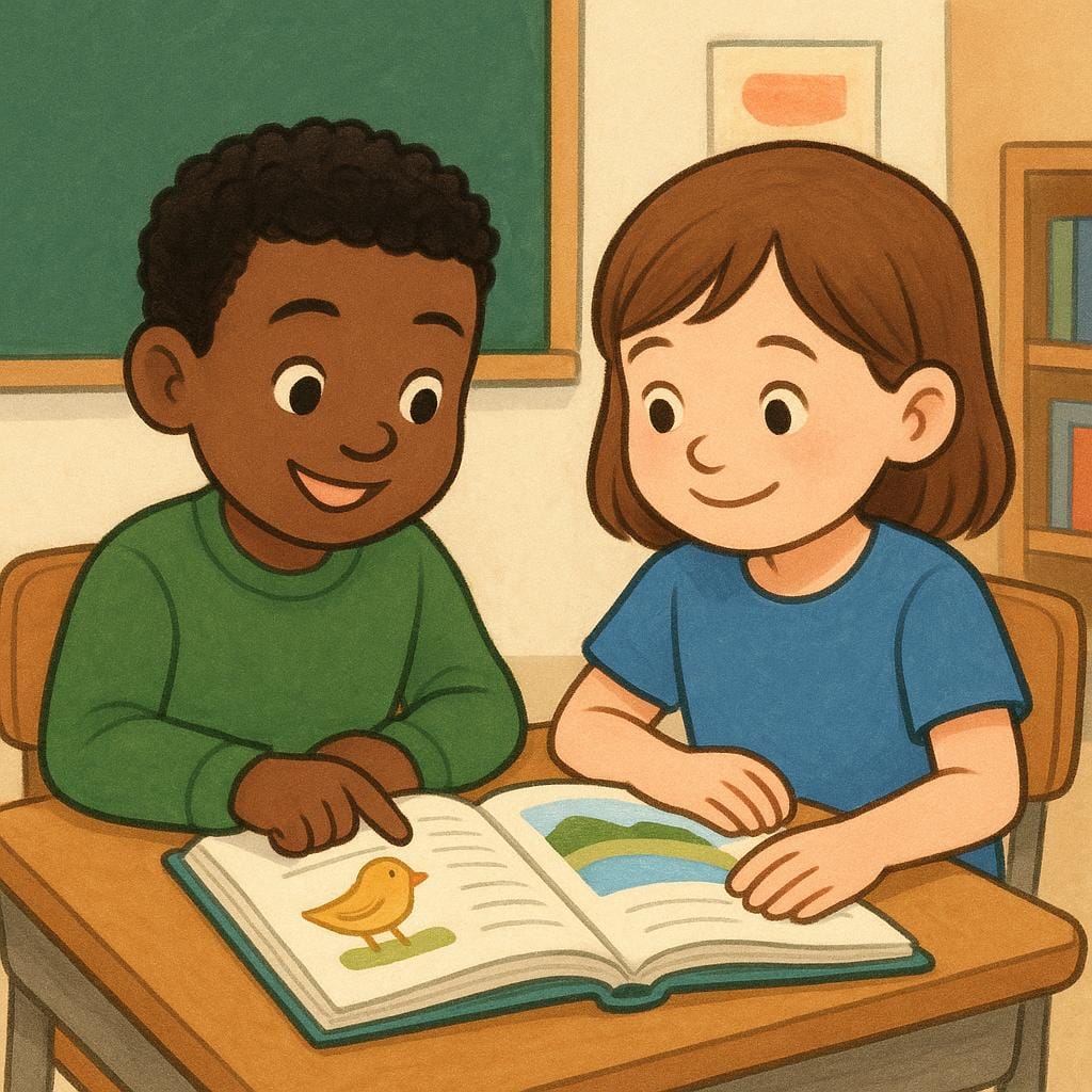 Twee jonge kinderen, een jongen en een meisje, zittend aan aangrenzende schoolbanken, lachend en kijkend naar hetzelfde open leerboek.