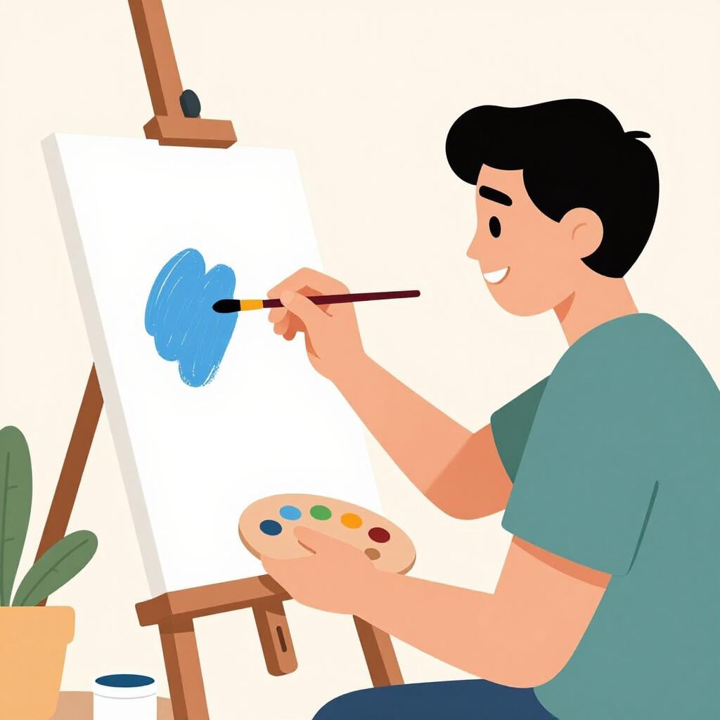 A person sitting at a table painting a colorful picture.