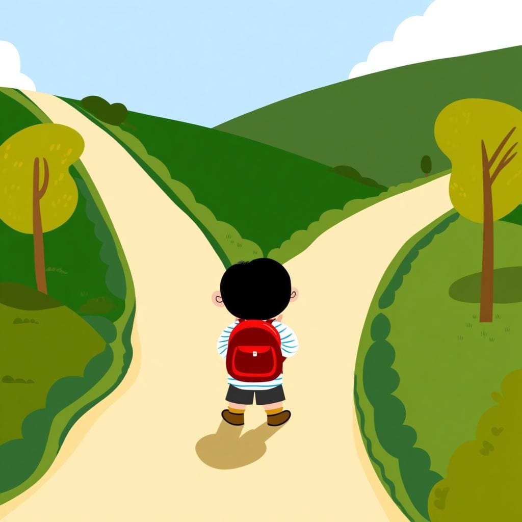 Ein freundlicher Cartoon-Reisender steht an einer Weggabelung und blickt fragend auf die beiden auseinanderlaufenden Pfade, was die Frage nach dem Ziel symbolisiert.