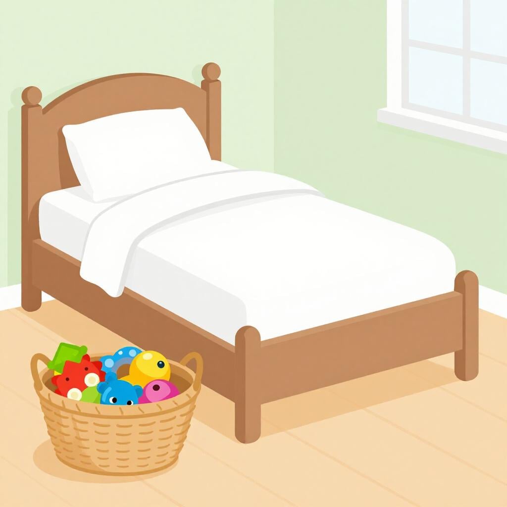 A clean and organized bedroom with a neatly made bed and toys placed in a basket.