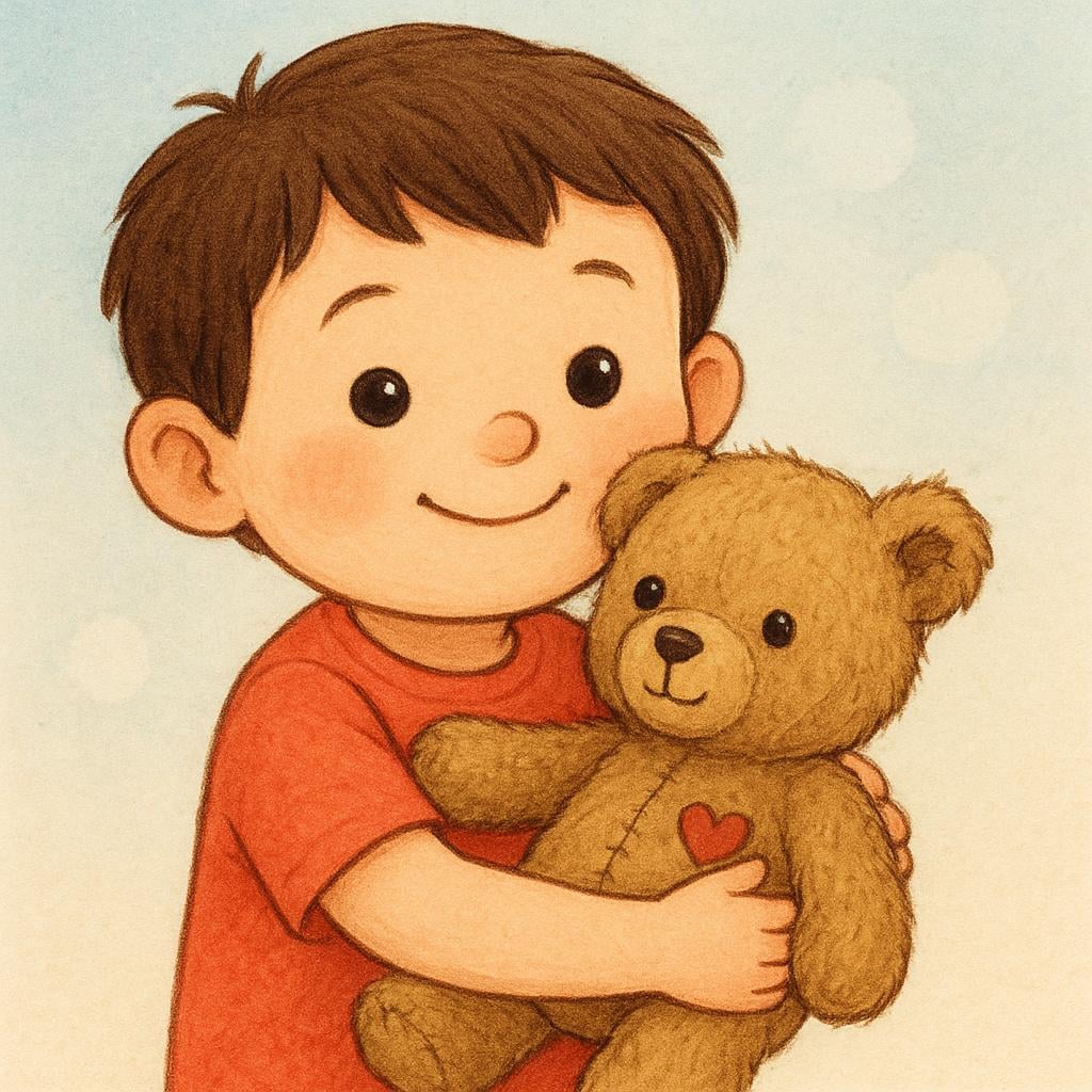 A small child smiling warmly while tightly hugging a worn-out stuffed animal, showing deep affection.