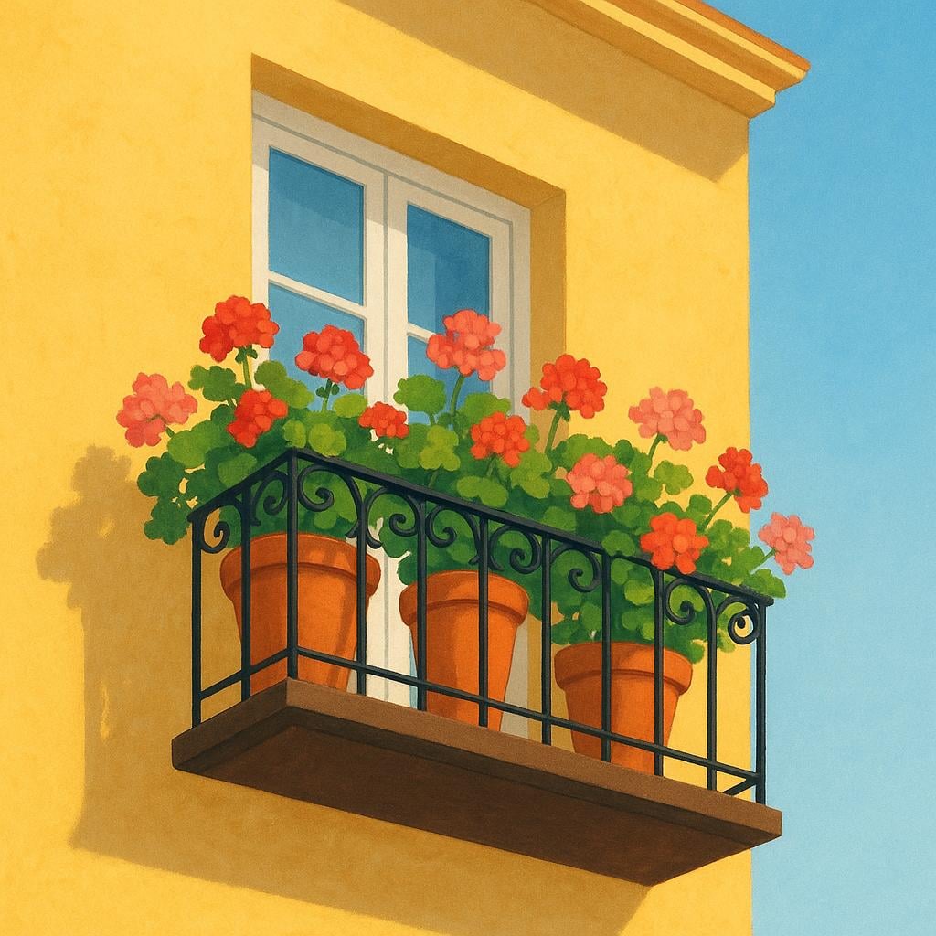 A small black wrought iron balcony on the side of a yellow building with colorful flowers in pots.