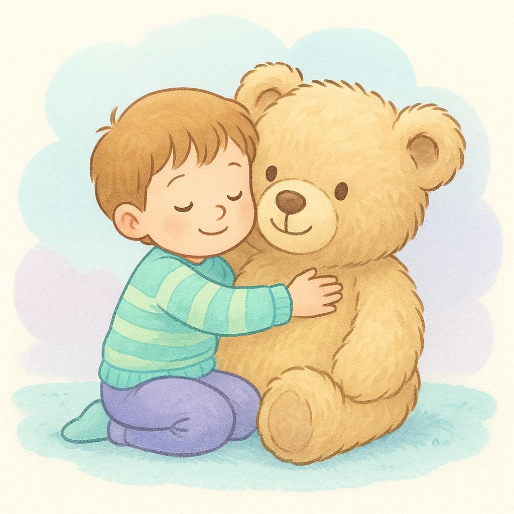 A storybook illustration showing a small, smiling child gently embracing a large, fluffy teddy bear, symbolizing sweetness and affection.