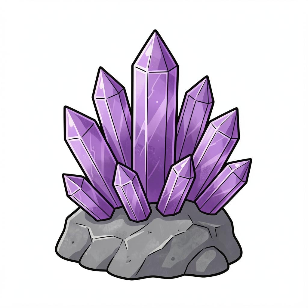 A cluster of purple and translucent geological crystal points growing from a rock base.