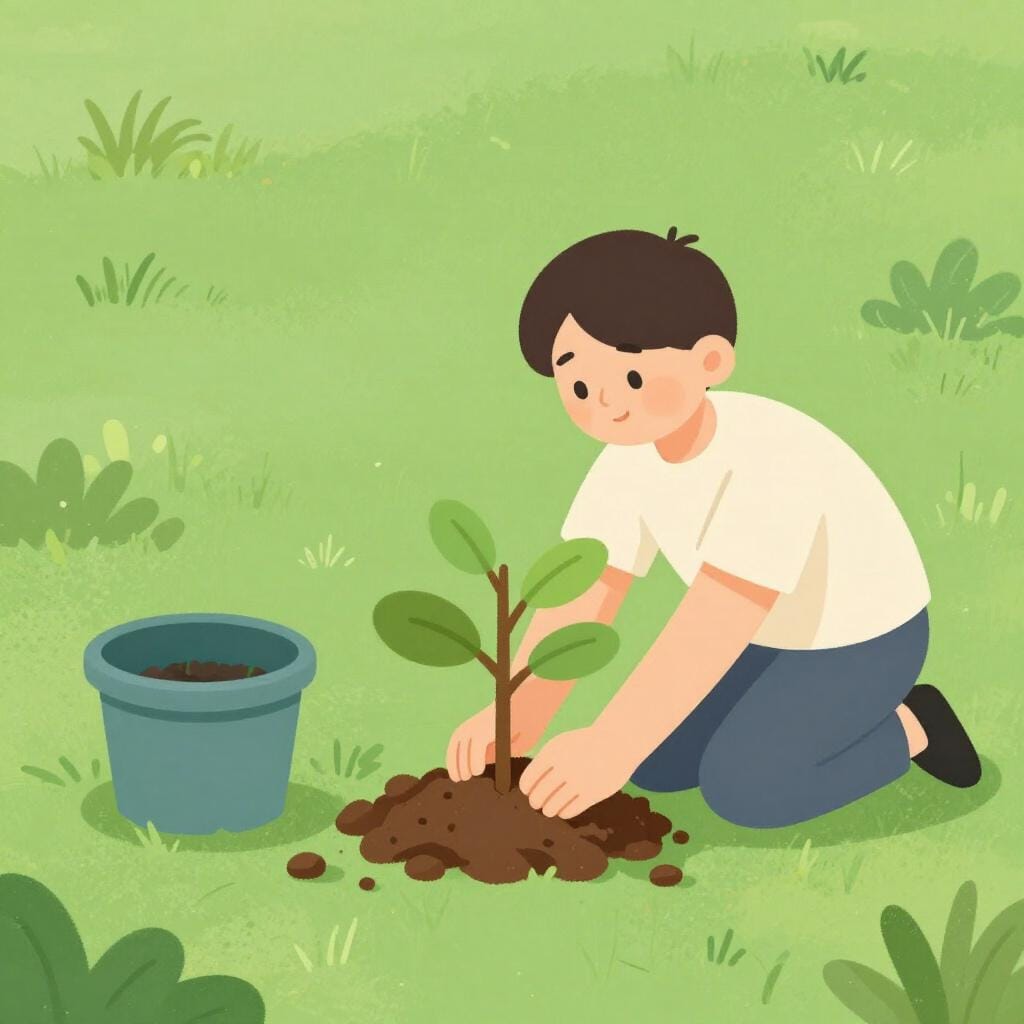 A person planting a young sapling in a park to represent founding something new.