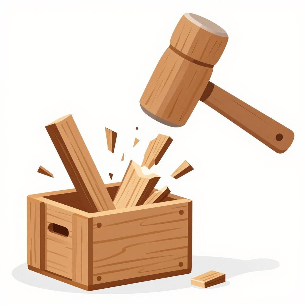 A wooden crate being smashed into pieces by a heavy mallet.