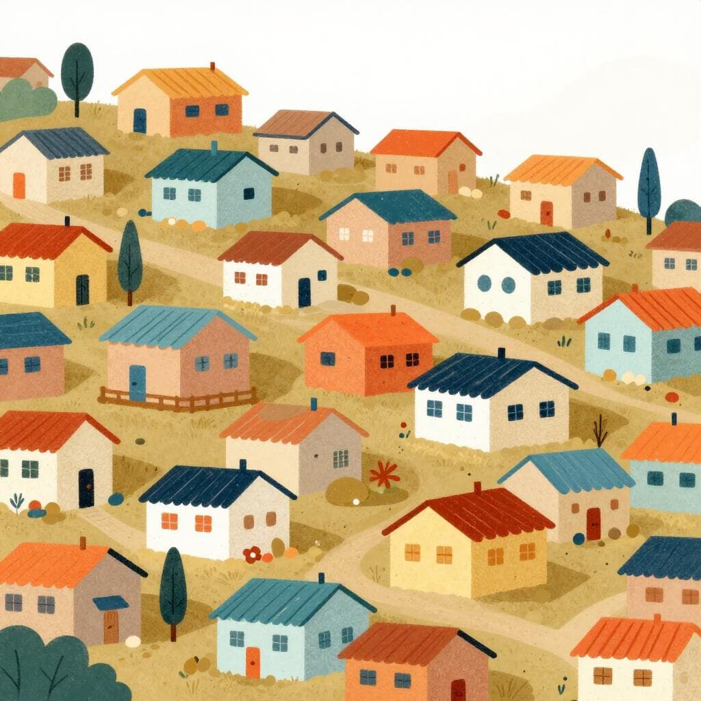 A cluster of simple, weathered small houses packed closely together in a humble urban neighborhood.