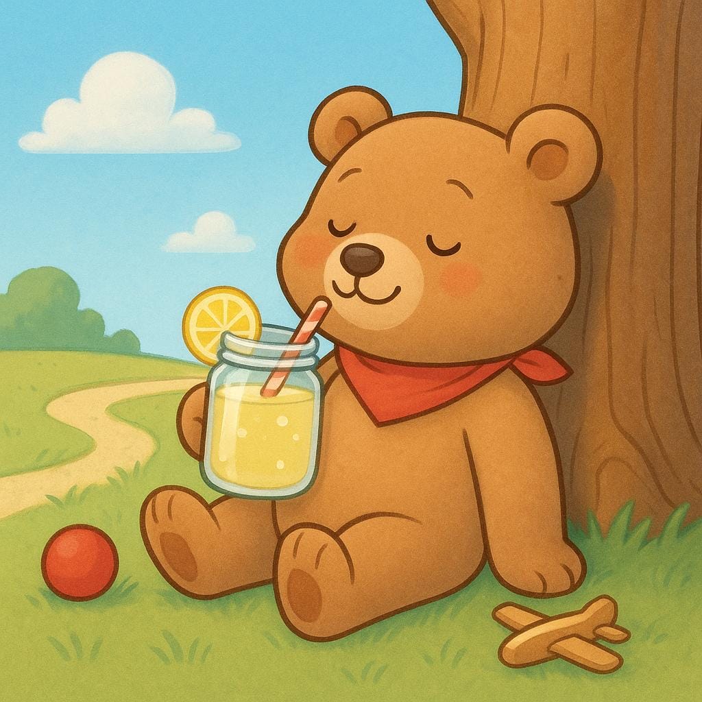 A small cartoon bear relaxing against a tree in a forest clearing, happily drinking lemonade, representing a pause or break from activity.