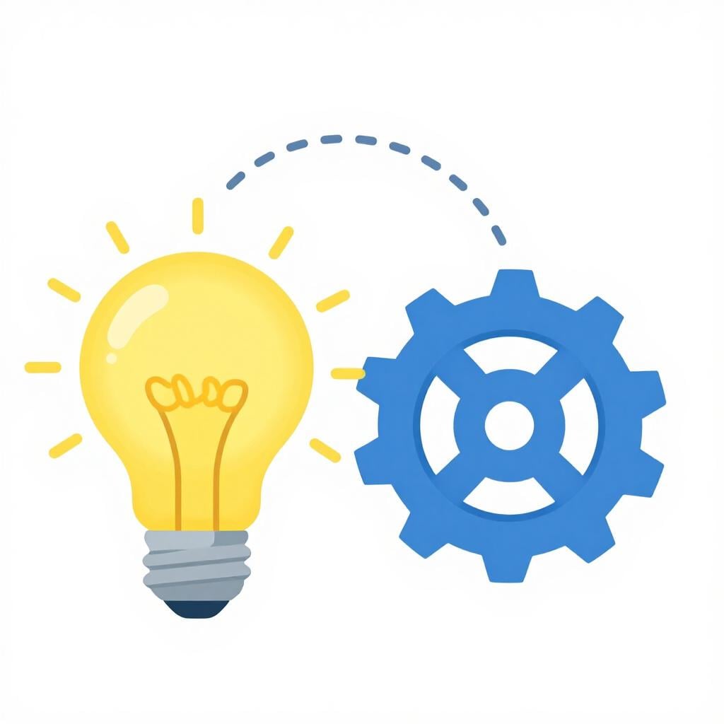 A colorful illustration of a lightbulb and a gear being connected by a dotted line.