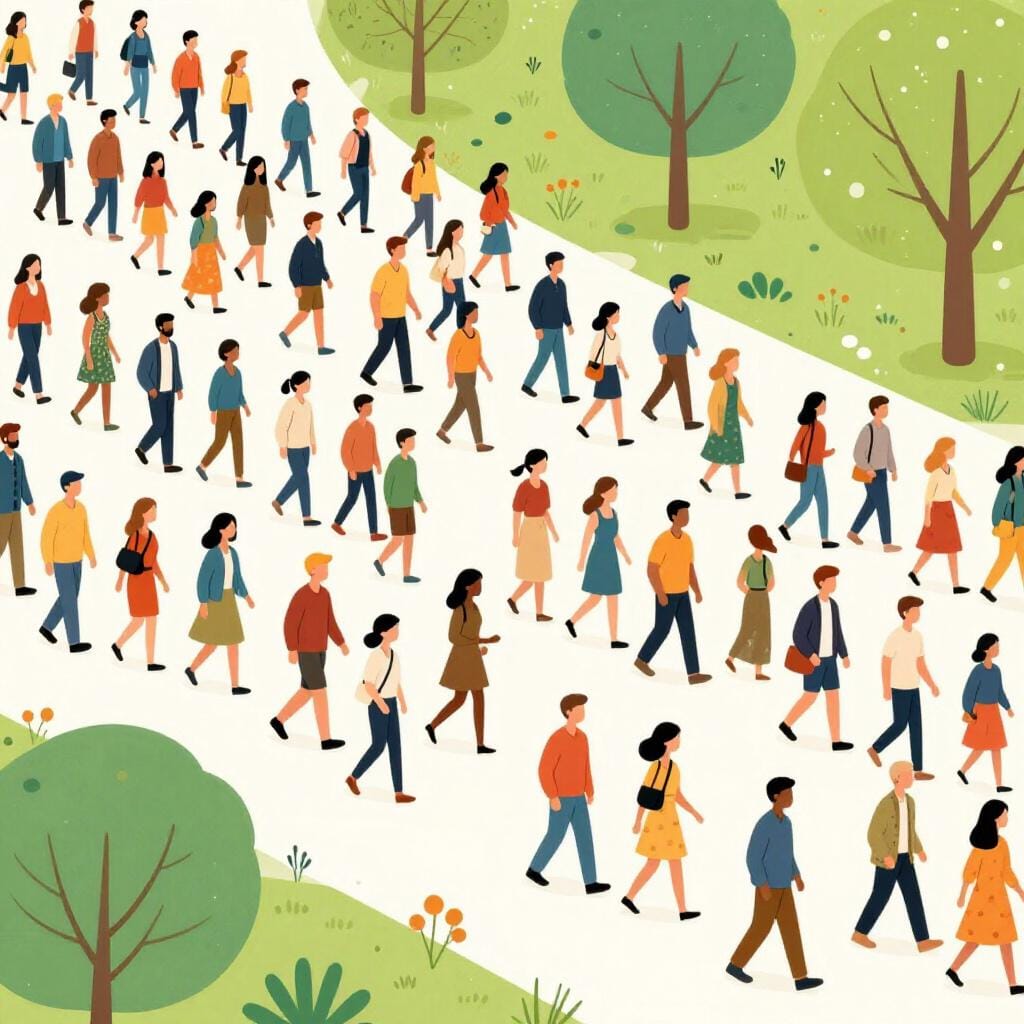 A large, diverse crowd of people walking together in the same direction.