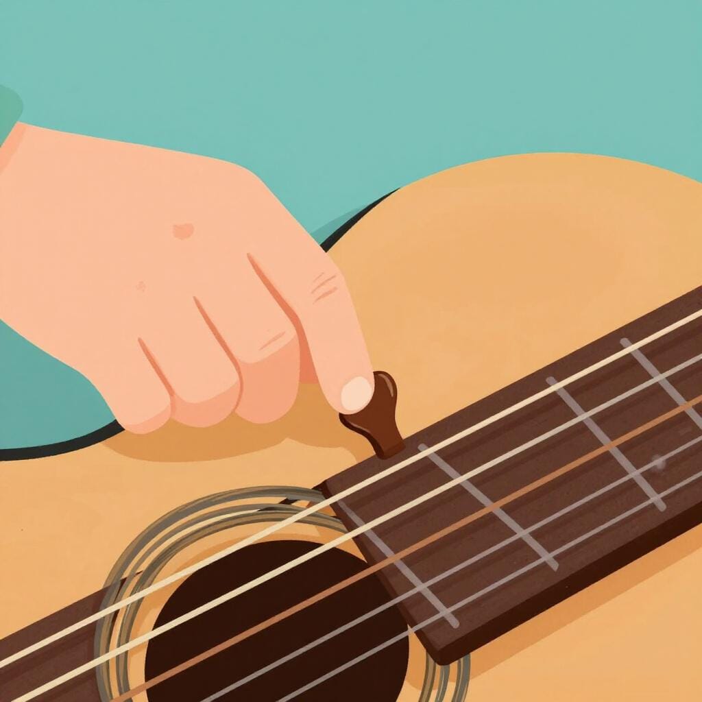 Une main tournant une cheville d'accordage sur la tête d'une guitare acoustique.