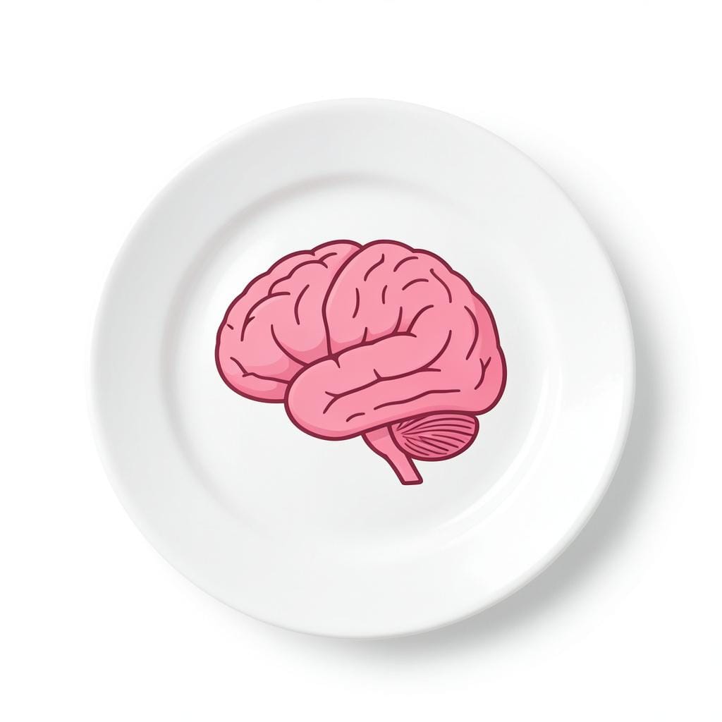 A simple drawing of a whole brain on a clean white plate.