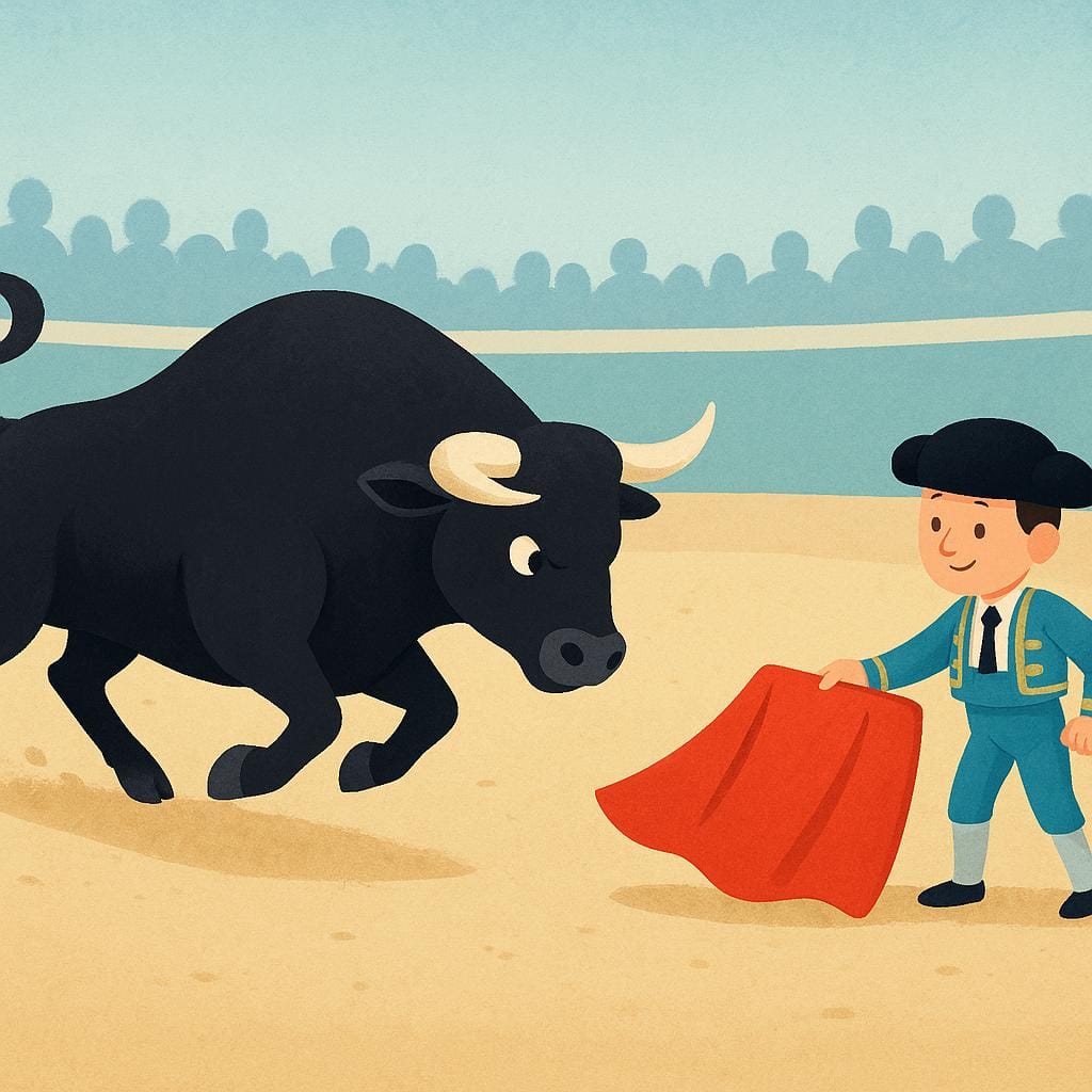 Eine Szene, die einen Stierkampf darstellt, mit einem angreifenden schwarzen Bullen, der auf ein kleines rotes Tuch fokussiert ist, das von einem Matador in einer großen runden Sandarena gehalten wird.