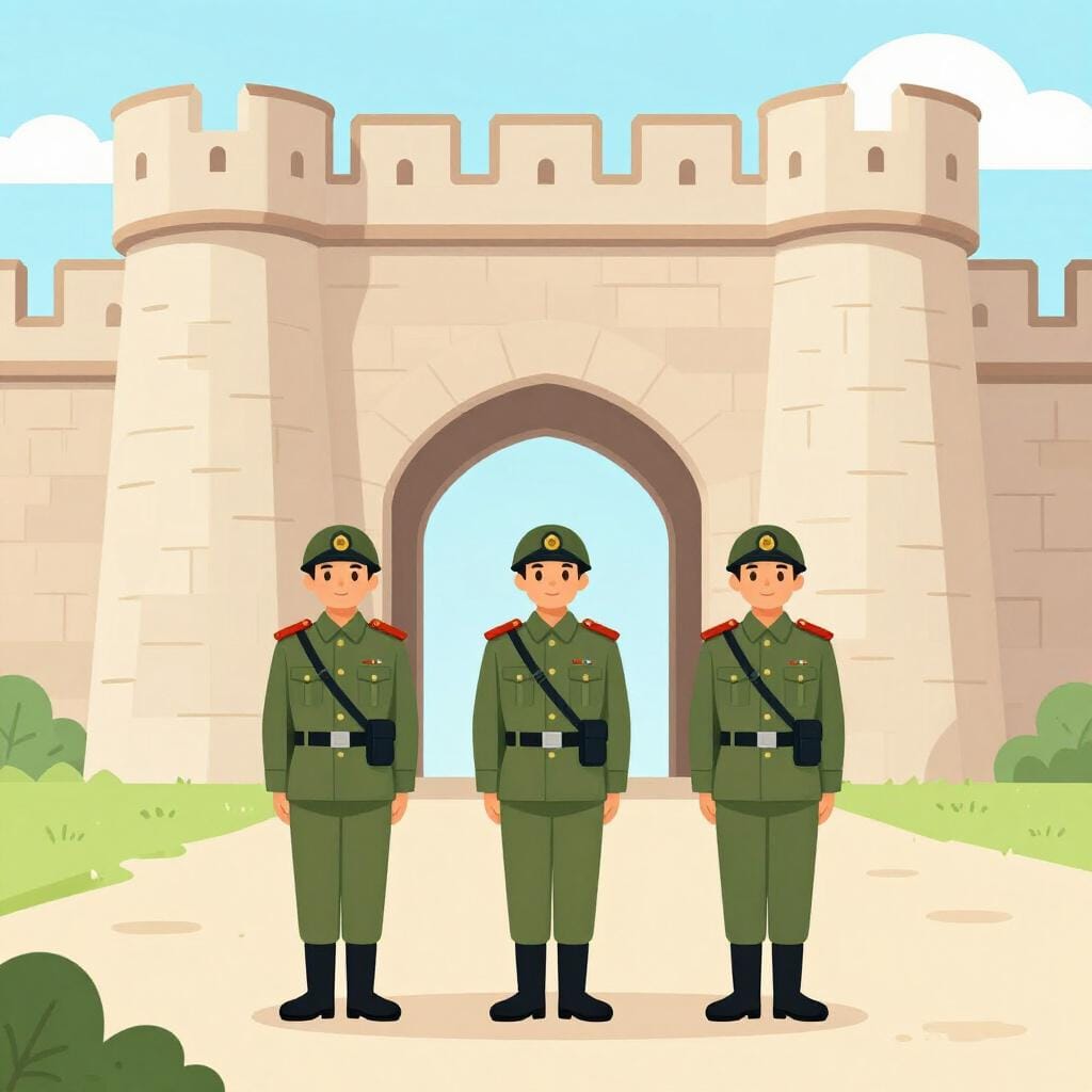 A group of soldiers in uniform standing guard in front of a stone castle gate.
