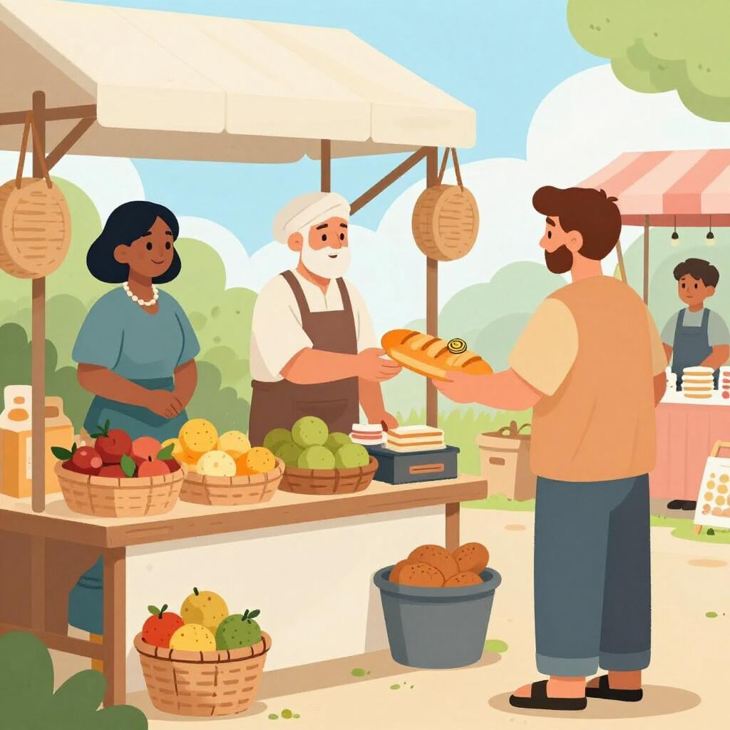 A bustling marketplace with various stalls, colorful merchandise, and people exchanging coins for goods.