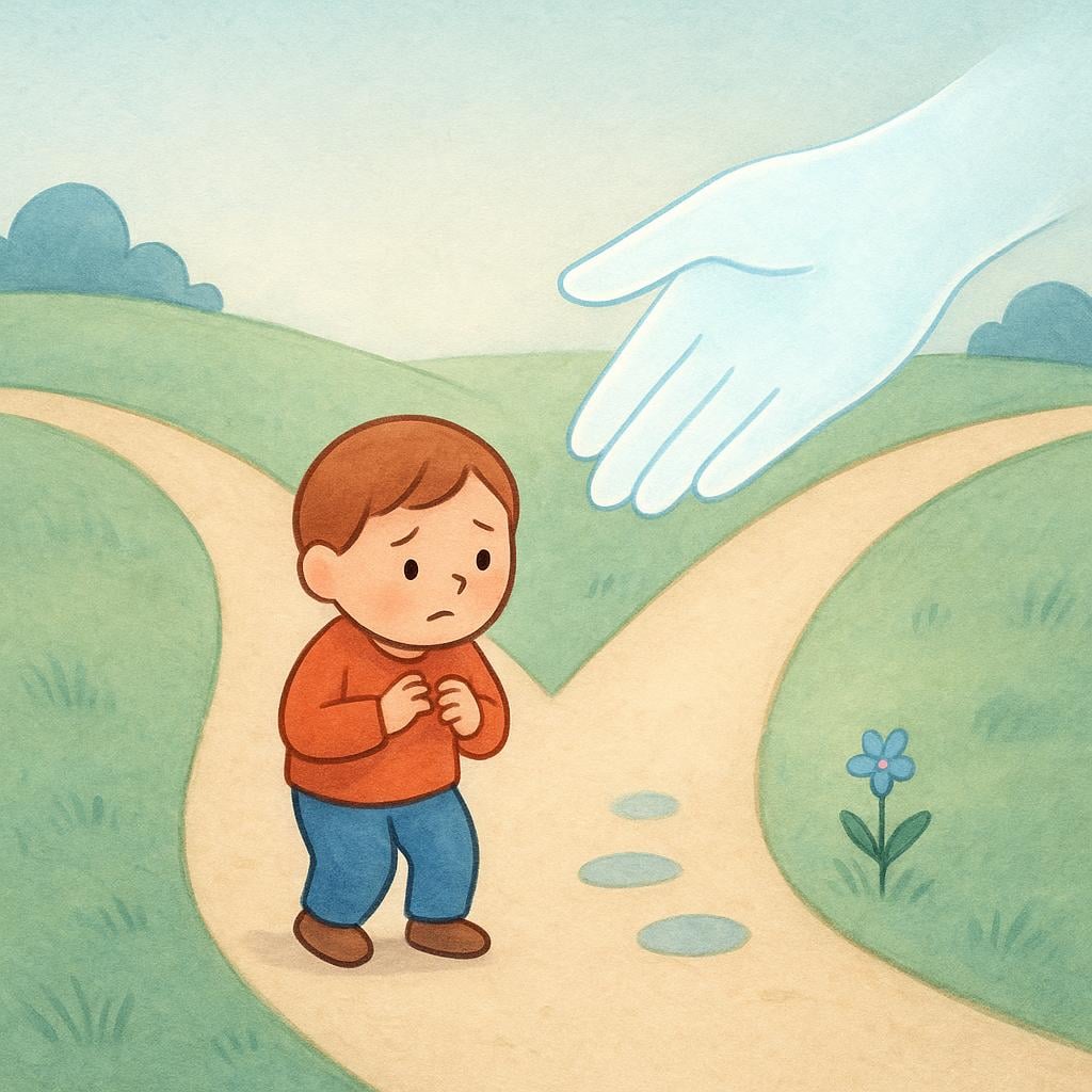 A small, simple figure is standing at a fork in the road, appearing indecisive. A large, softly glowing, disembodied hand hovers behind the figure, gently nudging or directing the figure toward the path on the right.