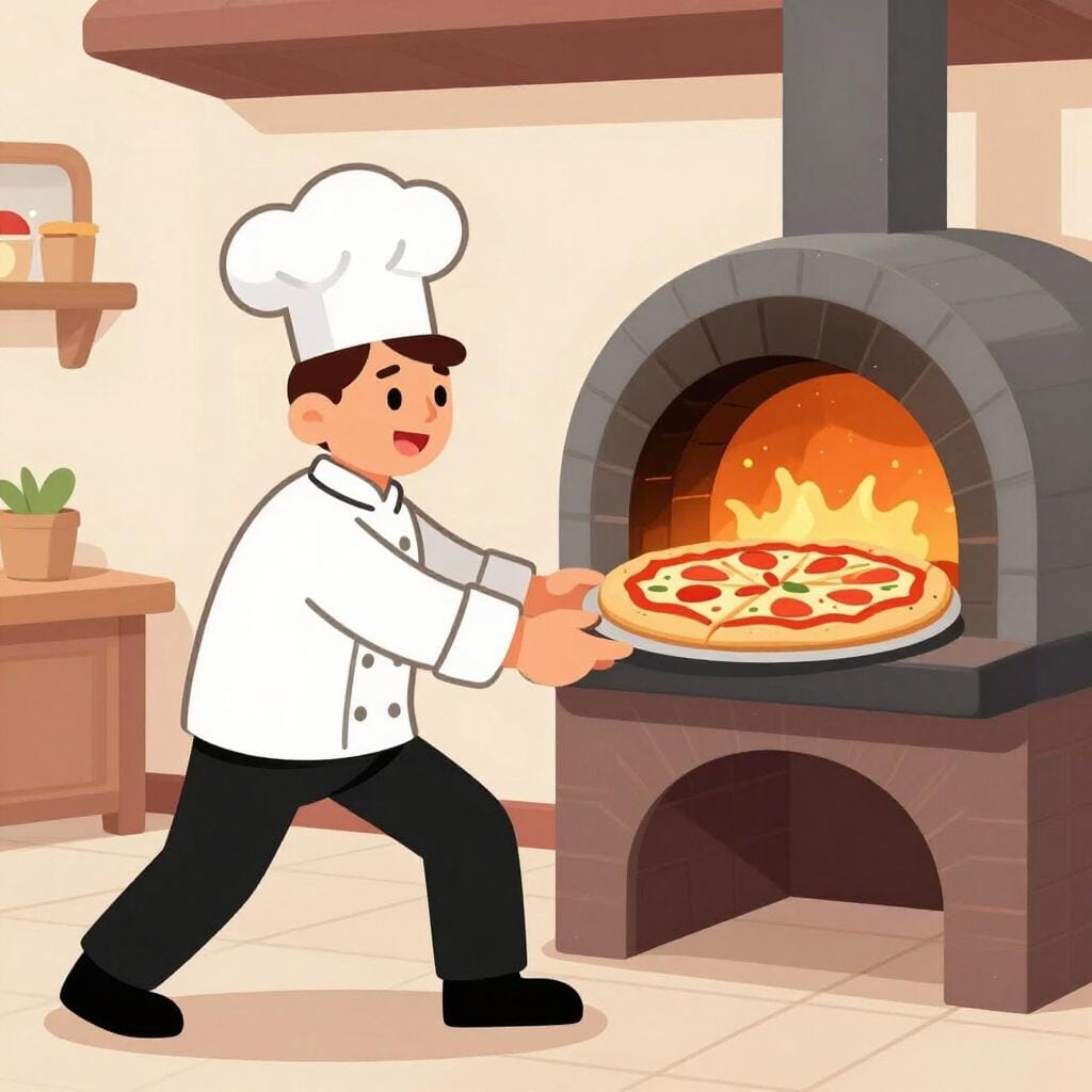Uno chef che inforna velocemente una pizza mentre suona un timer, mostrando velocità e urgenza.