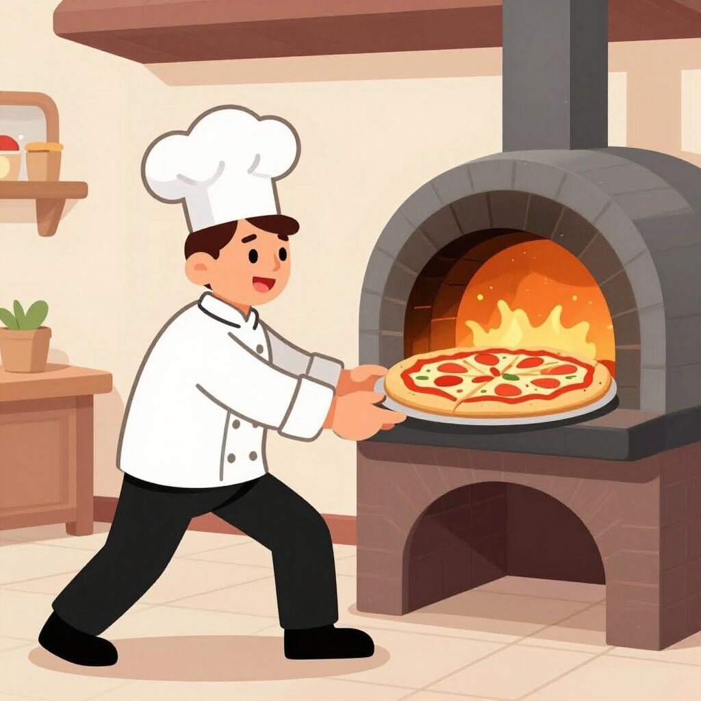 Uno chef che inforna velocemente una pizza mentre suona un timer, mostrando velocità e urgenza.