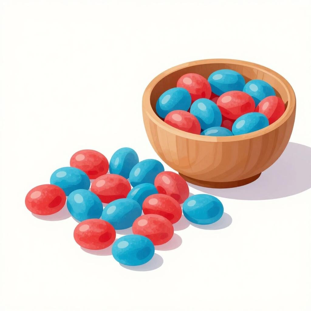 Une pile de bonbons colorés à côté d'un petit bol en bois, suggérant une estimation approximative de la quantité.